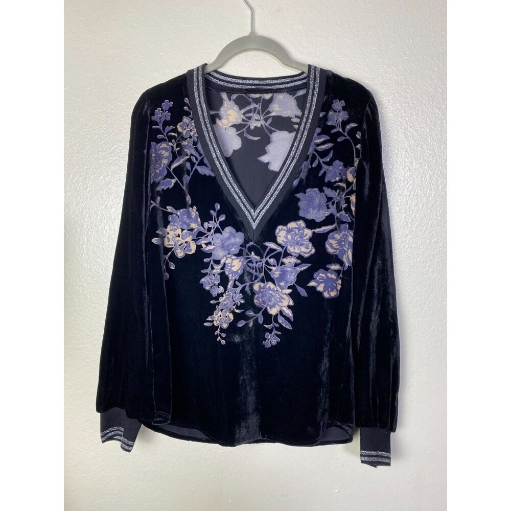 Hale Bob Silk Burnout Velvet Floral V-Neck Long Sleeve Topā Size XS Black Purple
